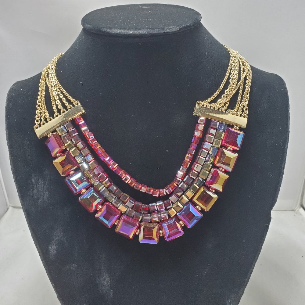Cake by Ali Khan 4 row iridescent crystal red bead with 8 row gold strand neck